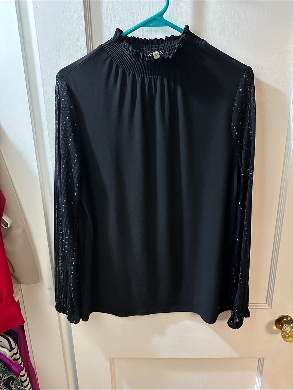 Anne Klein Black Long-Sleeve Top with Smocked Mock Neck